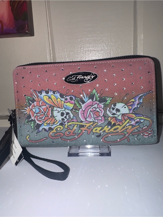 Ed Hardy Handbags - Ed Hardy Denim Pink tOmbre Tattoo-Print Double Zip Wristlet Stylish Fits Phone
